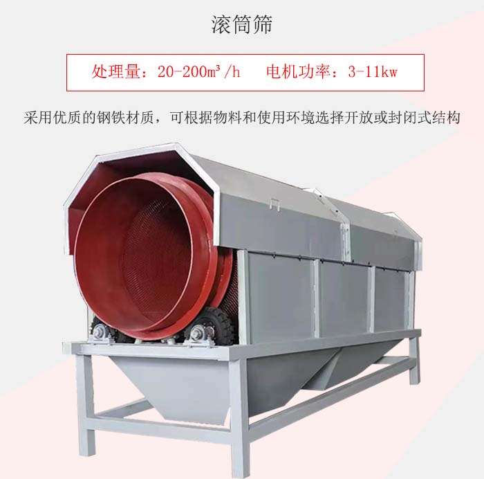 滾筒篩采用優(yōu)質(zhì)的鋼鐵材質(zhì)，可根據(jù)物料和使用環(huán)境選擇開(kāi)放或封閉式結(jié)構(gòu)