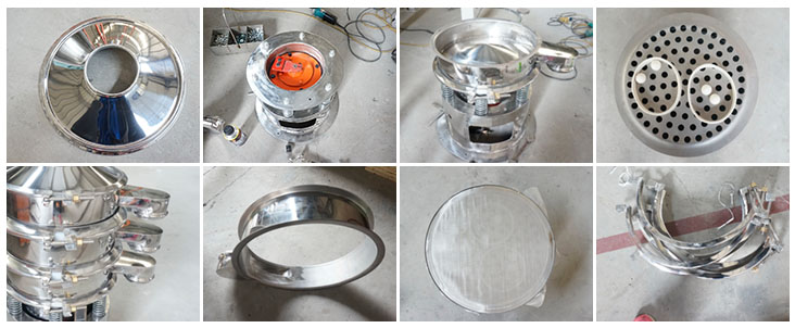 不銹鋼振動篩結(jié)構(gòu)展示：防塵蓋，出料口，閘門，篩網(wǎng)于彈跳球，底座，振動彈簧等。