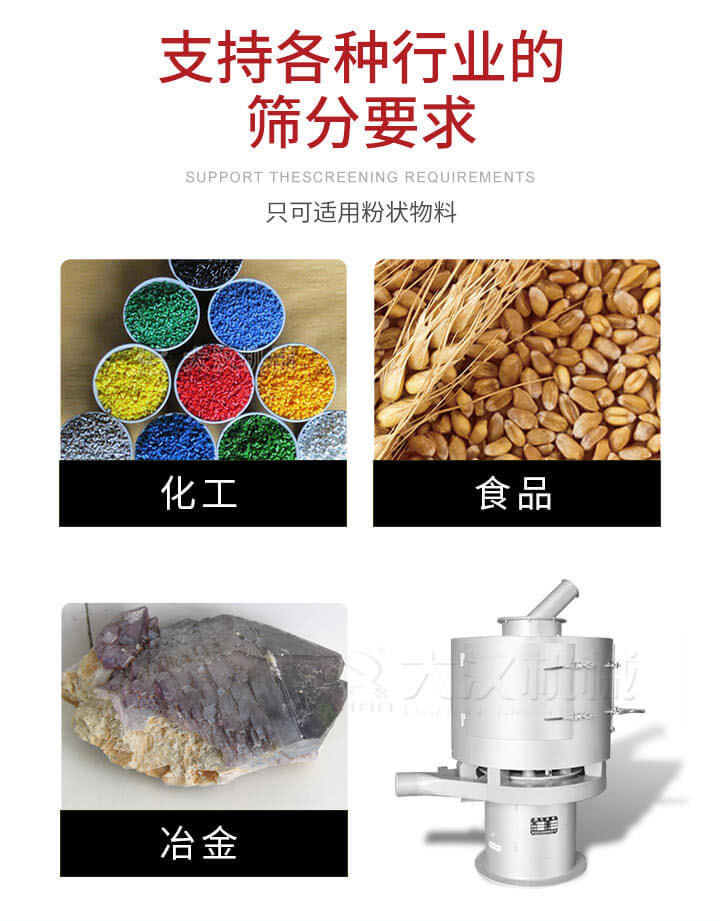 氣流篩用于礦粉，石墨粉，活性納米碳酸鈣，鋁灰，大豆粉，碳酸重鈣，石墨粉，木粉，干草，重金石粉，藥粉末，橡膠顆粒，草酸鹽，干料粉，木粉，聚酯粉，干粉，塑料，金屬粉末，橡膠粉，粉煤灰，石墨粉，陶瓷粉，鋅粉，石英粉，石灰粉，鐵粉，金屬硅粉等。