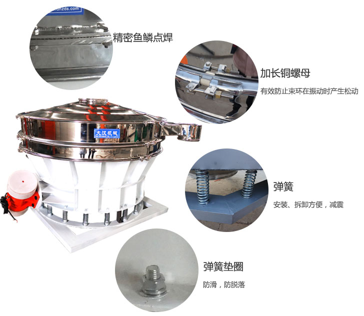 1500直排篩細節(jié)展示：彈簧，彈簧墊圈，加長銅螺母。