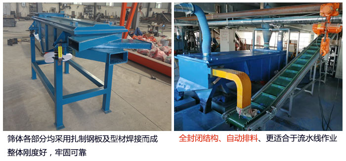 直線篩分機篩體各部分均采用扎制鋼板及型材焊接而成整體剛度好，牢固可靠；全封閉結(jié)構(gòu)、自動排料、更適合于流水線作業(yè)。