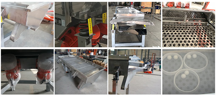 不銹鋼直線(xiàn)篩不同定制出料口，電機(jī)，篩網(wǎng)，篩箱，彈跳球等部件細(xì)節(jié)展示