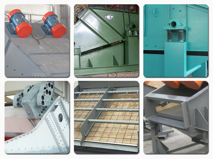 礦用振動(dòng)篩主要由激振器、篩體、篩網(wǎng)、減振裝置及座架等組成。篩箱由篩框、篩板、襯板等組成