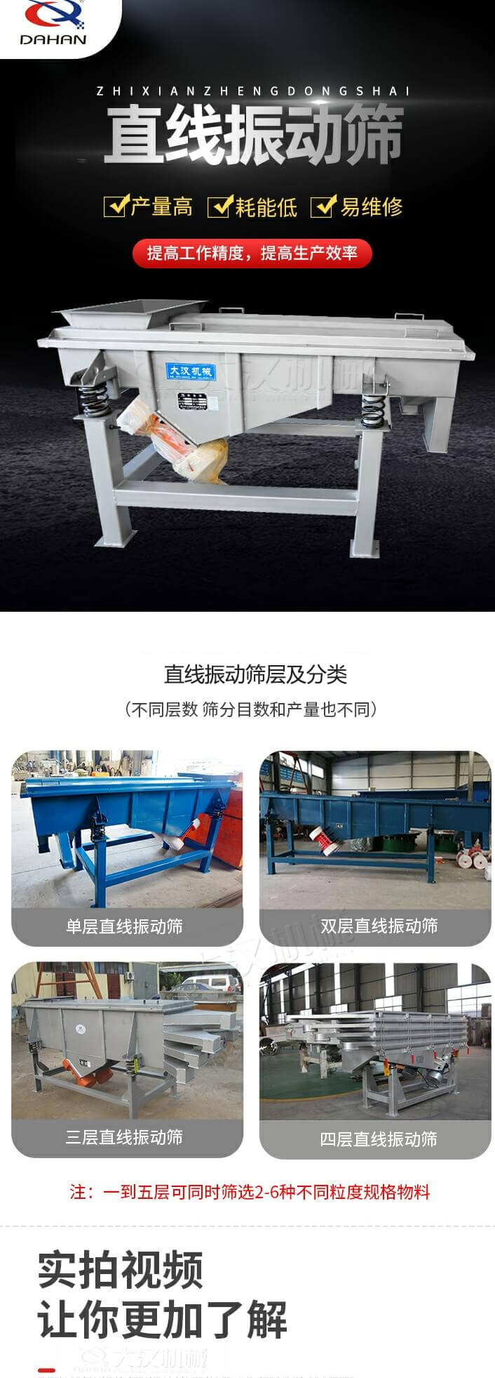 直線振動篩概述，產(chǎn)量高，耗能低，易維修，提高工作精度，提高生產(chǎn)效率，直線振動篩層級分類：不同層數(shù)，篩分目數(shù)和產(chǎn)量也不同：單層，雙層，三層，四層等。