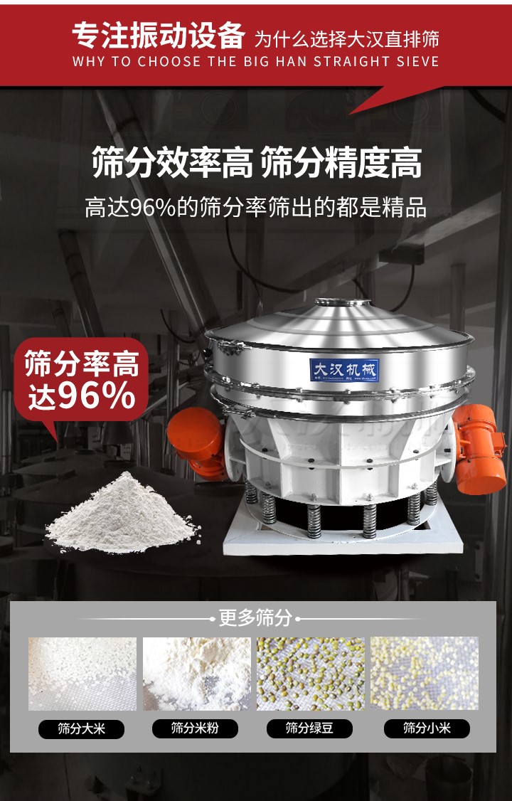 直排篩適用物料有面粉，淀粉，洗衣粉，金屬粉，添加劑，化工，非礦等行業(yè)。