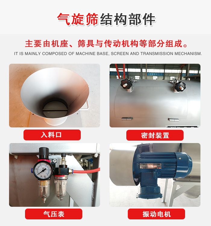 氣旋篩結構：入料口，密封裝置，電機，氣壓表等