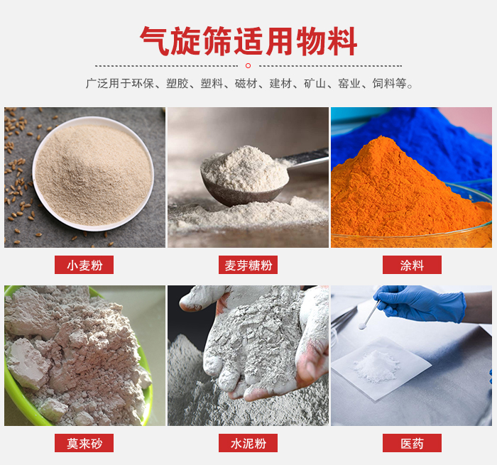 氣旋篩適用物料：小麥粉，麥芽糖粉，涂料，等粉狀物料。