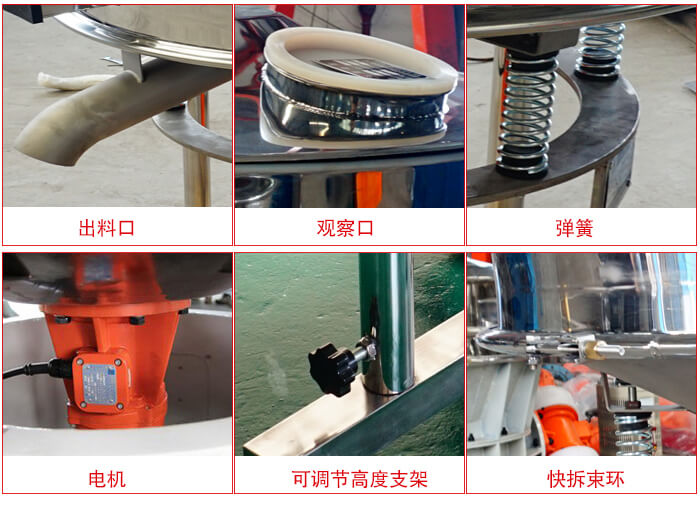 高頻篩細(xì)節(jié)展示：出料口，觀察口，彈簧，電機(jī)，可調(diào)節(jié)高度支架，快拆束環(huán)。