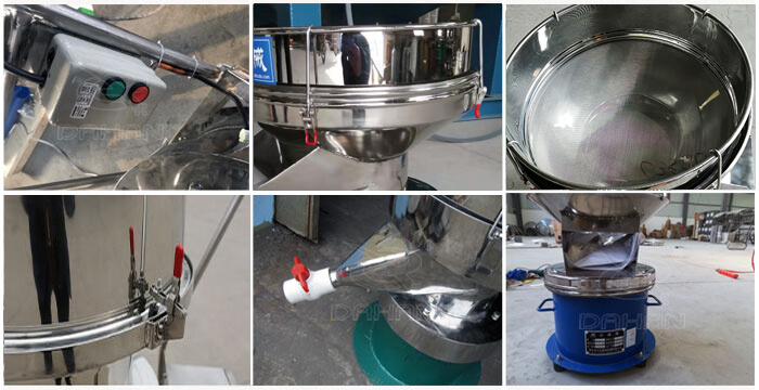 過濾篩細節(jié)展示：控制開關(guān)，篩框，出料口閥門，底座等