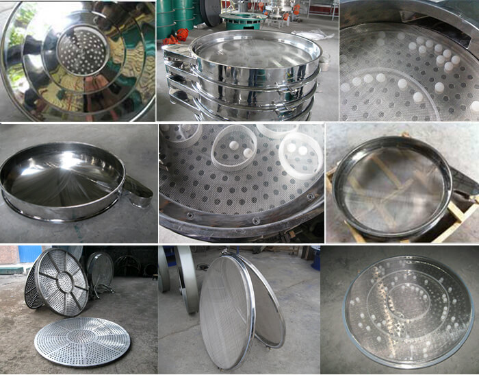食品振動篩細節(jié)展示：防塵蓋，篩框，網架，底框等。